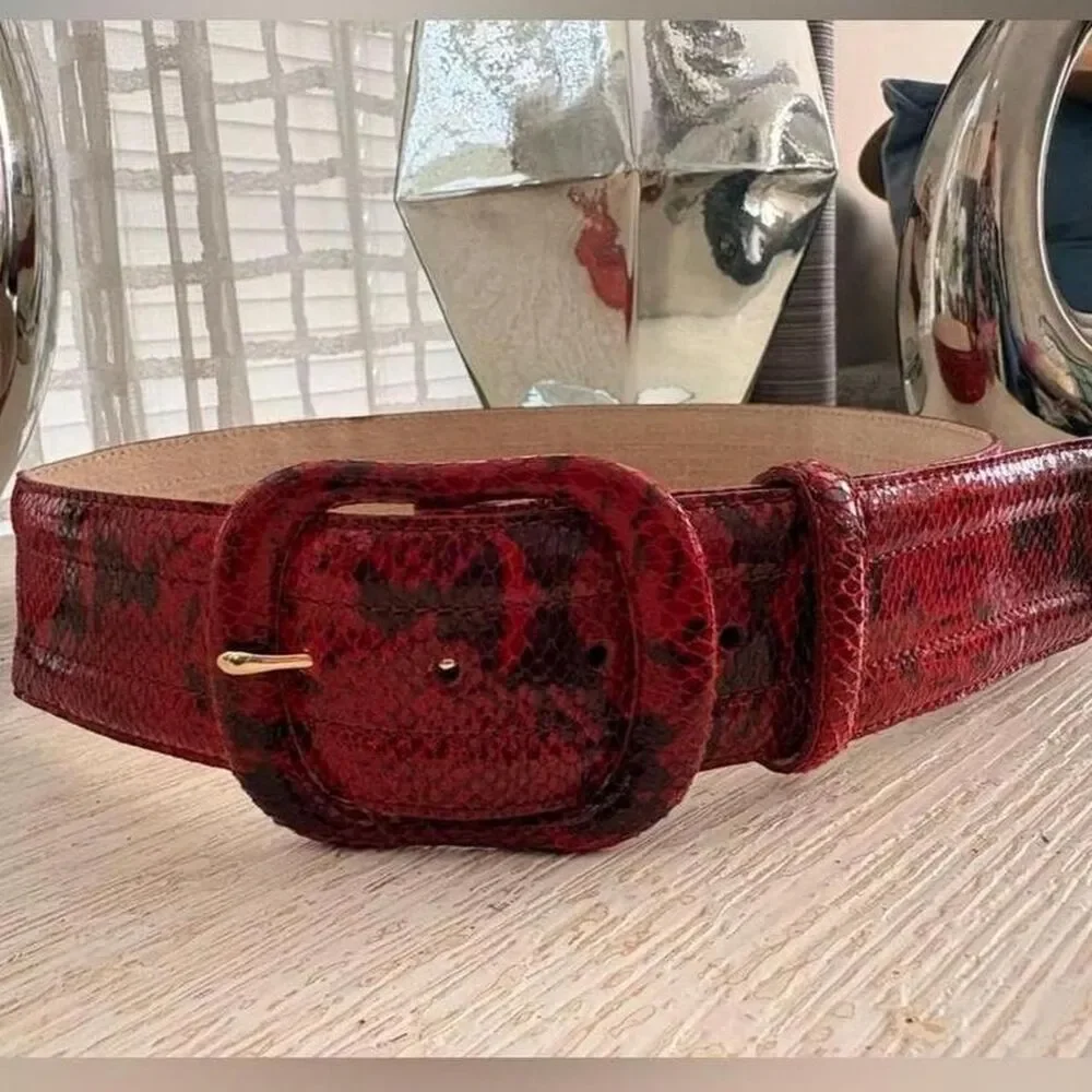 VTG Liz Claiborne Red Black Snakeskin Leather Wide Belt Size M